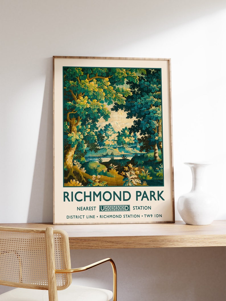 May include: A vintage poster advertising Richmond Park in London. The poster features a green and yellow landscape with trees and a river. The text on the poster reads "Richmond Park", "Nearest Underground Station", "District Line - Richmond Station - TW9 1DN".