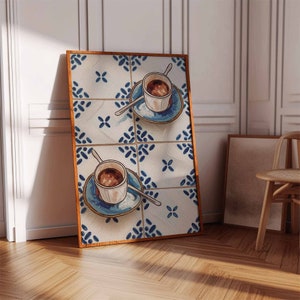 May include: Two cups of coffee on blue and white patterned saucers, with spoons, on a white background with blue and white tile pattern.