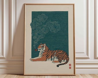 Vintage Japanese Tiger Art Print, Oriental Zen Decor