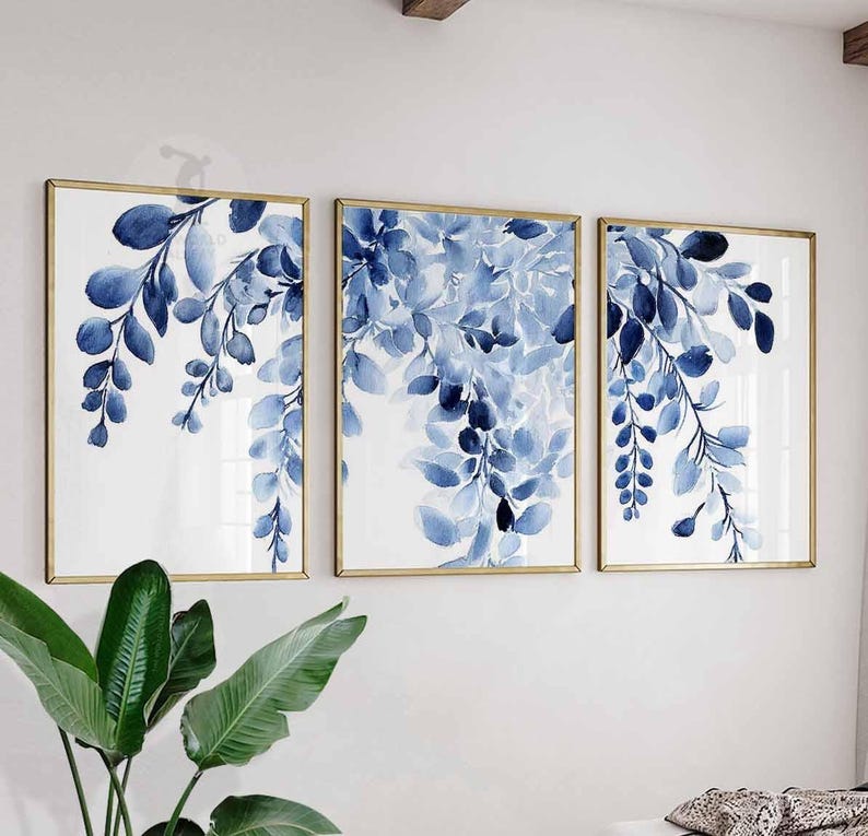 Set of 3 Blue Leaf Wall Art Prints, Botanical Watercolor Poster Trio ...