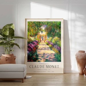 May include: A framed poster featuring a painting by Claude Monet titled "Garden at Giverny". The painting depicts a path lined with flowers leading to a house in the distance. The poster includes the artist's name, the title of the painting, and the year it was created.