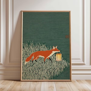 キツネのアートプリント、和風動物ポスター、ミニマリストな自然を描いたウォールアート、モダンな森のイラスト、素朴なグリーンのホームデコレーション