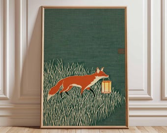 Fox Art Print, Japanese Style Animal Poster, Minimalist Nature Wall Art, Modern Woodland Illustration, Rustic Green Home Decor