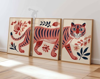 Modern Tiger Art Print Set, Red & Navy Jungle Theme
