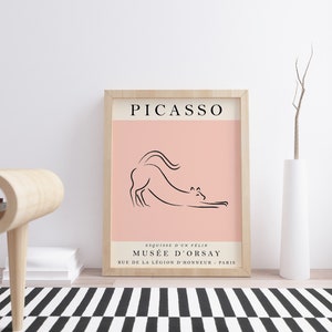 May include: A framed print with a pink background and a black line drawing of a cat stretching. The print has the text "PICASSO" at the top and "MUS&Eacute;E D'ORSAY" at the bottom.