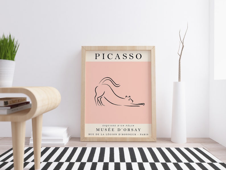 May include: A framed print with a pink background and a black line drawing of a cat stretching. The print has the text "PICASSO" at the top and "MUS&Eacute;E D'ORSAY" at the bottom.