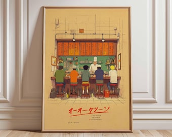 May include: Framed art print depicting a Japanese ramen shop scene. The illustration shows a chef behind a counter serving customers seated at a bar. The print has a vintage aesthetic with Japanese text at the bottom.