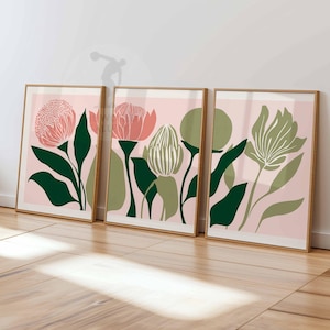 Retro Flower Wall Art Set of 3, Mid Century Modern Floral Prints, Boho Living Room Decor, Bold Botanical Poster Set, Aesthetic Art