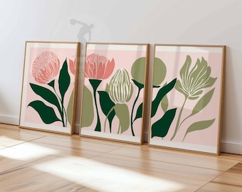 Mid Century Modern Floral Print Set, Retro Botanical Wall Art