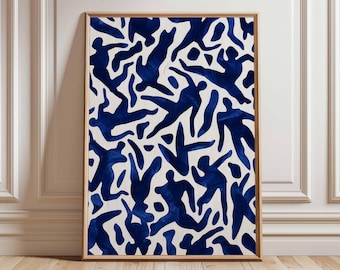 Impresión de arte mural abstracto azul, póster moderno de estilo recortado, obra de arte minimalista de mediados de siglo, decoración contemporánea para el hogar.