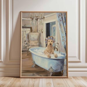 French Dog Art Print, Funny Poodle in Bath Painting, Quirky Animal Wall Art, Vintage Bathroom Decor, Gallery Wall, Dog Lover Gift