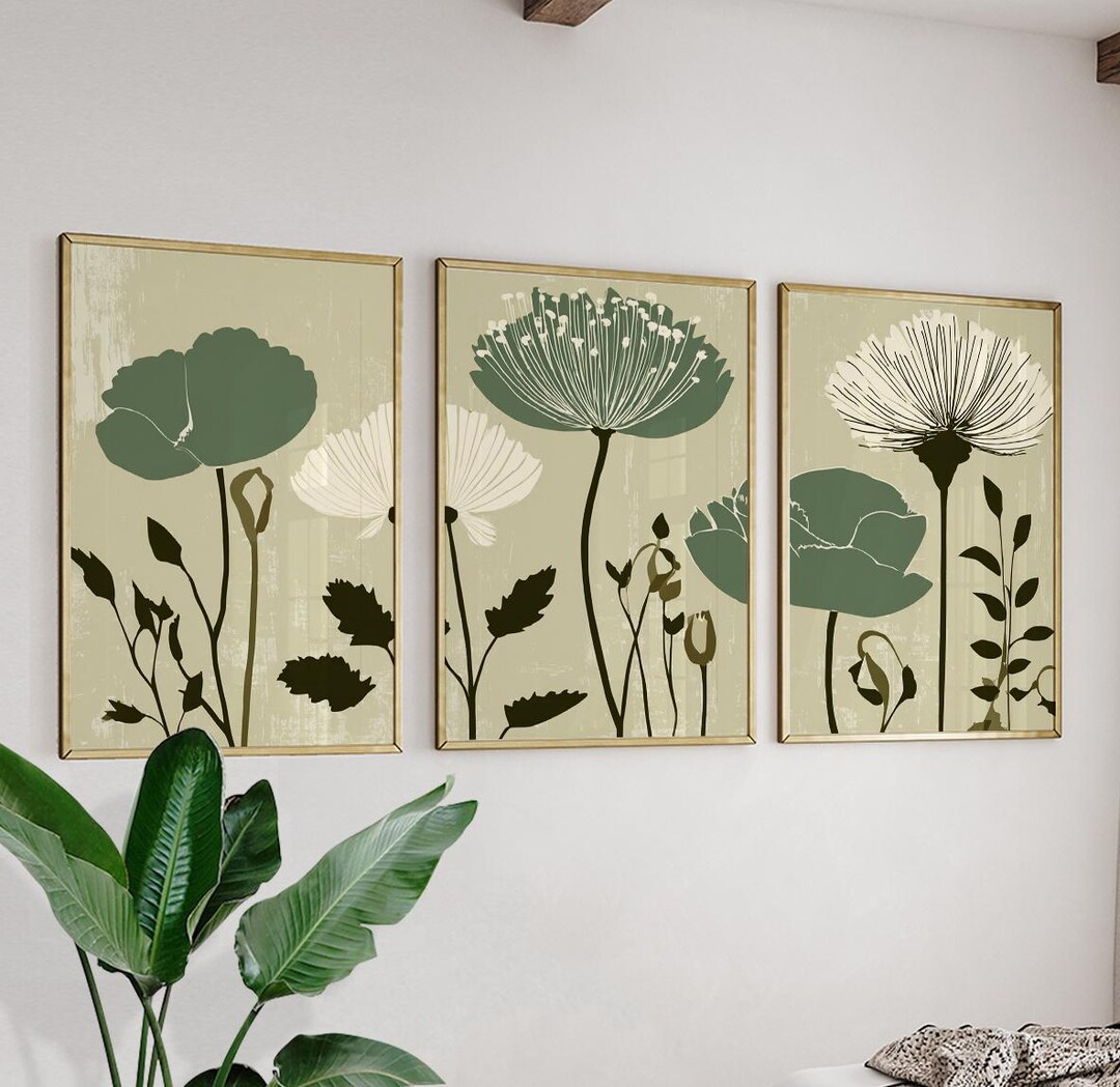 Green Botanical Flower Poster Set | Minimalist Floral Triptych Wall Art ...