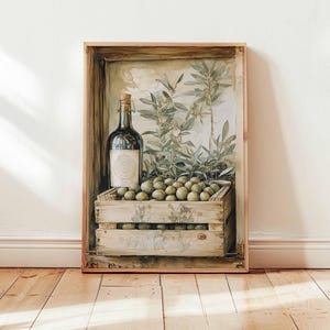 Rustic Olive Oil Poster, Mediterranean Kitchen Wall Art, Tuscan Food Print, Farmhouse Decor, Vintage Olive Tree Botanical Artwork