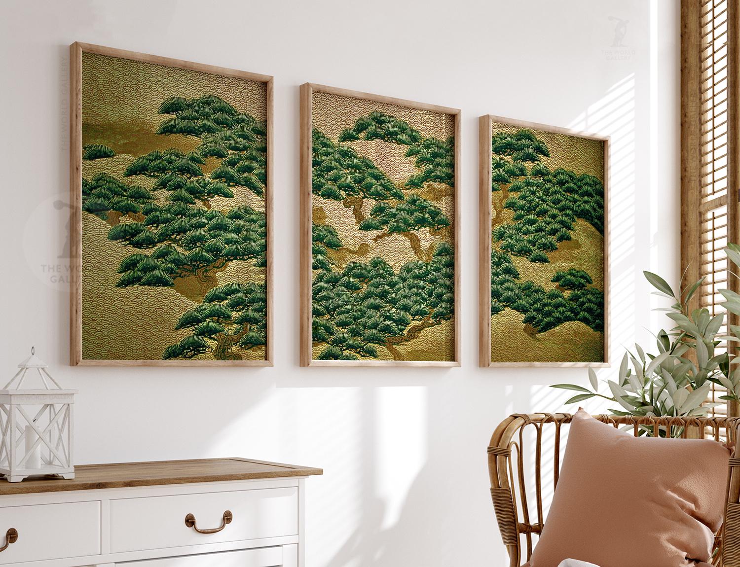 Japanese Golden Pine Tree Print Set | Zen Landscape Wall Art - Etsy