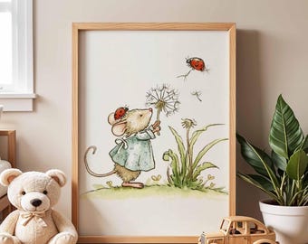 Póster infantil de ratón con diente de león y mariquita. Arte mural de animales caprichosos para la habitación de los niños y la habitación del bebé.