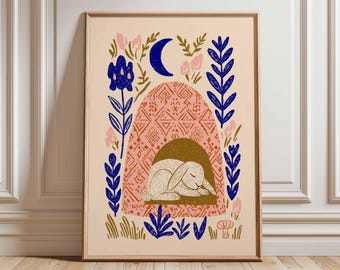 Whimsical Bunny Print, Woodland Nursery Decor, Rabbit Illustration (Poster Only)
