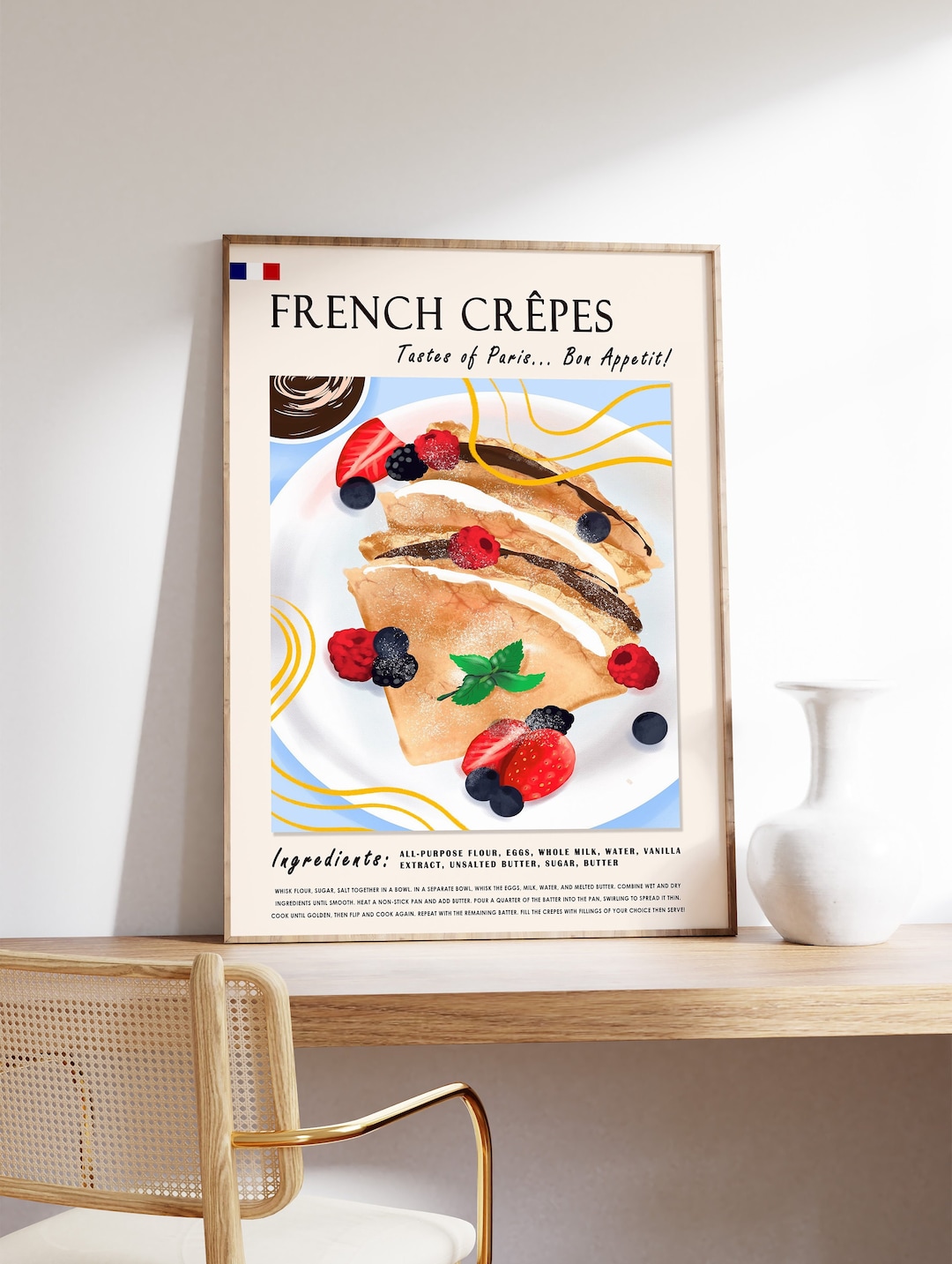 French Crepes Food Poster, Pancacke Dessert Print, French Food Art
