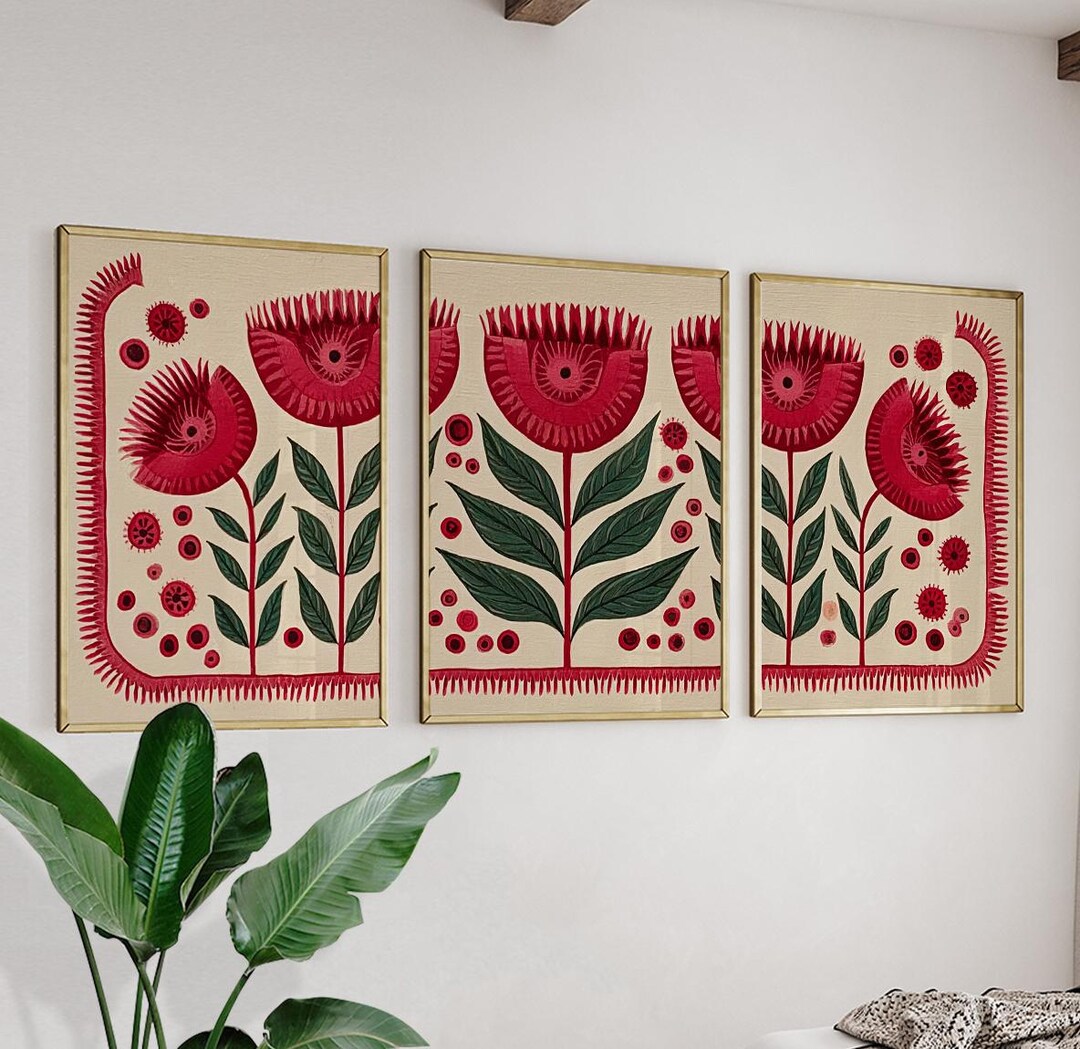 Red Floral Botanical Wall Art Print Set | Folk Style Flower Triptych ...