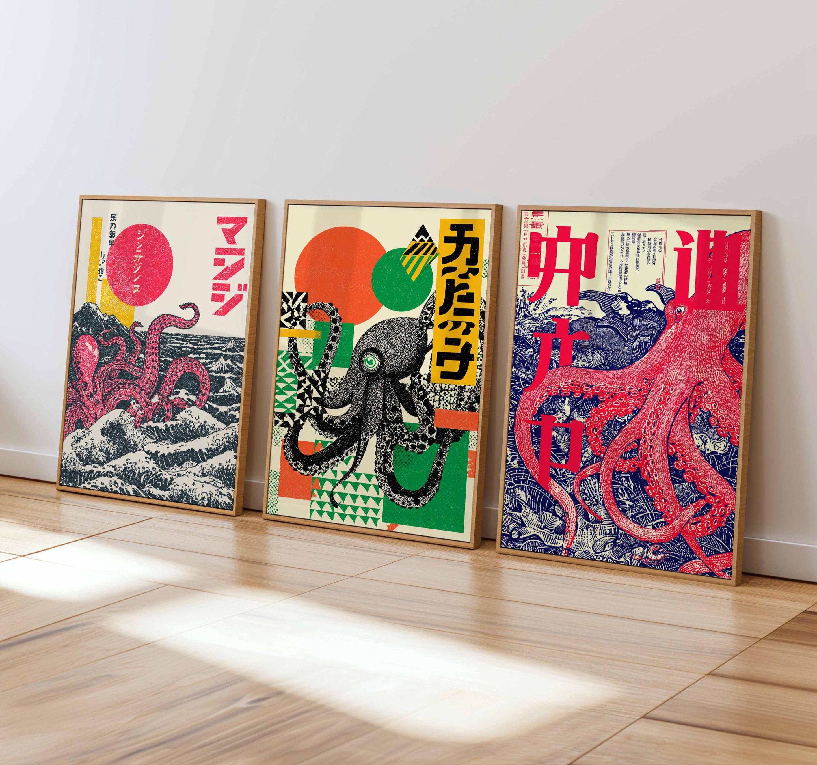 Japanese Octopus Art Print Set of 3 | Retro Octopus Posters