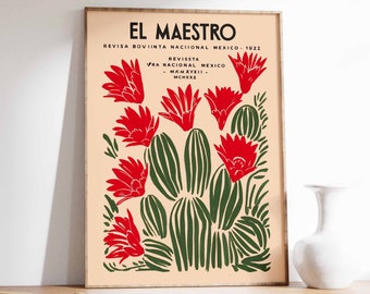 May include: A vintage poster with the title "El Maestro" and the text "Revista Bovinta Nacional Mexico 1922" in black lettering. The poster features a stylized illustration of a cactus plant with red flowers and green leaves.