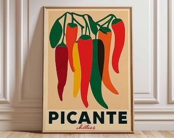 Poster chilipepers, vintage keukenkunstdruk