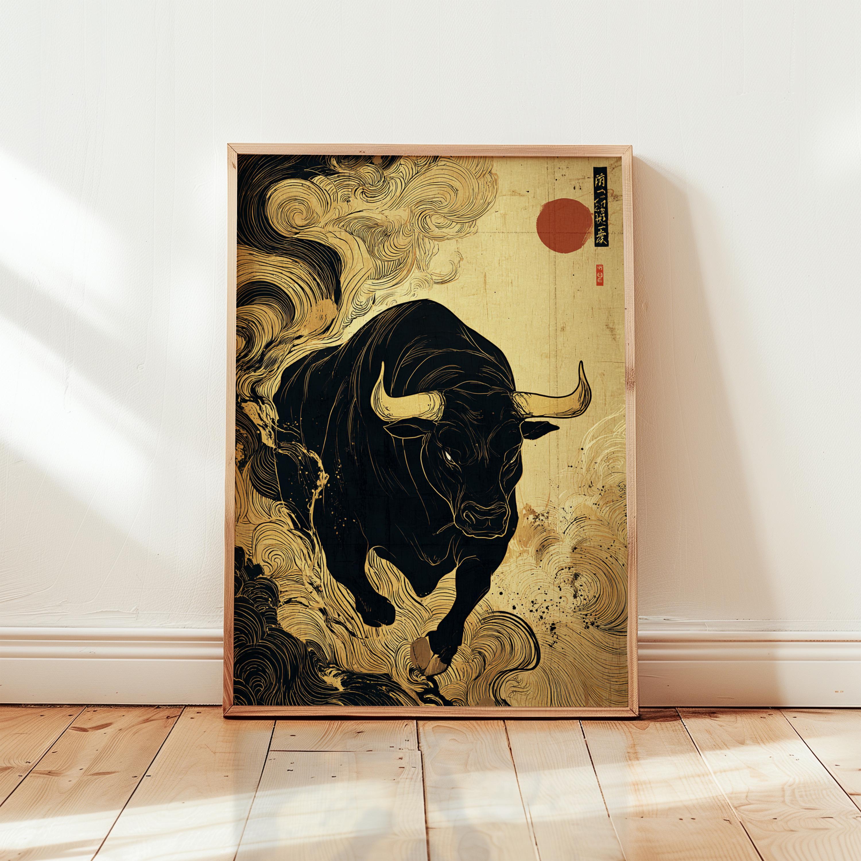 牛のポスター、日本の墨絵風の黒い牛のイラストと金色の太陽 - Etsy 日本