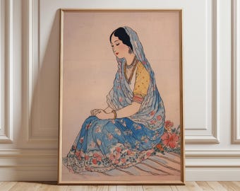 Vintage Indian Woman Portrait Print, Floral Saree, Boho Wall Art