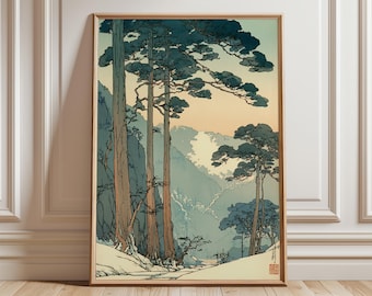 May include: A framed art print featuring a serene landscape with tall trees and mountains. The artwork uses a muted color palette of blues, greens, and beige, creating a tranquil scene. The print is in a wooden frame.