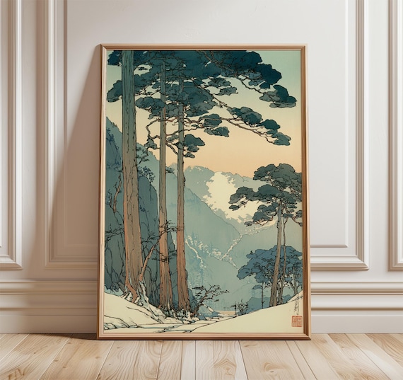 Vintage Japanese Forest Poster, Tranquil Mountain Landscape Wall