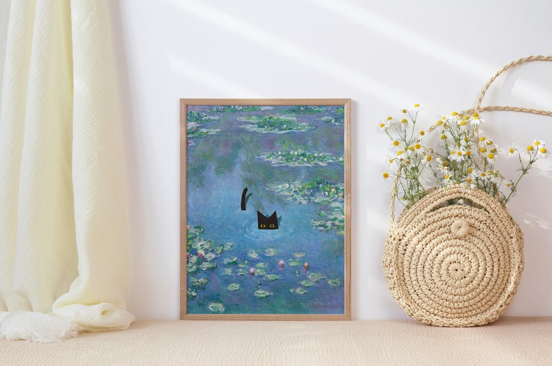 Monet Waterlily Cat Print, Claude Monet Cat Poster, Cat Art, Floral Print, Wall Art Decor 