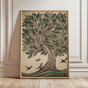 May include: Framed art print depicting a detailed illustration of a tree with green leaves and intricate patterns. The artwork includes three birds in flight and is set against a beige background. The frame is made of wood.