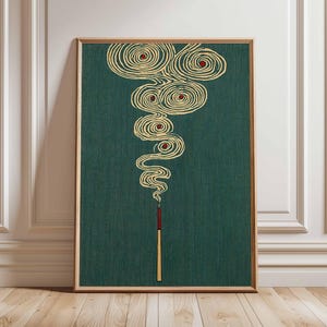 Japoński wydruk artystyczny z kadzidłem, minimalistyczny plakat zen, nowoczesna abstrakcyjna sztuka ścienna, dzieło sztuki do medytacji, ekologiczny wystrój domu