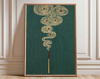 May include: A framed art print featuring a match with smoke rising. The match is red and tan, with swirling smoke in cream and red accents against a textured teal background. The artwork is in a wooden frame.