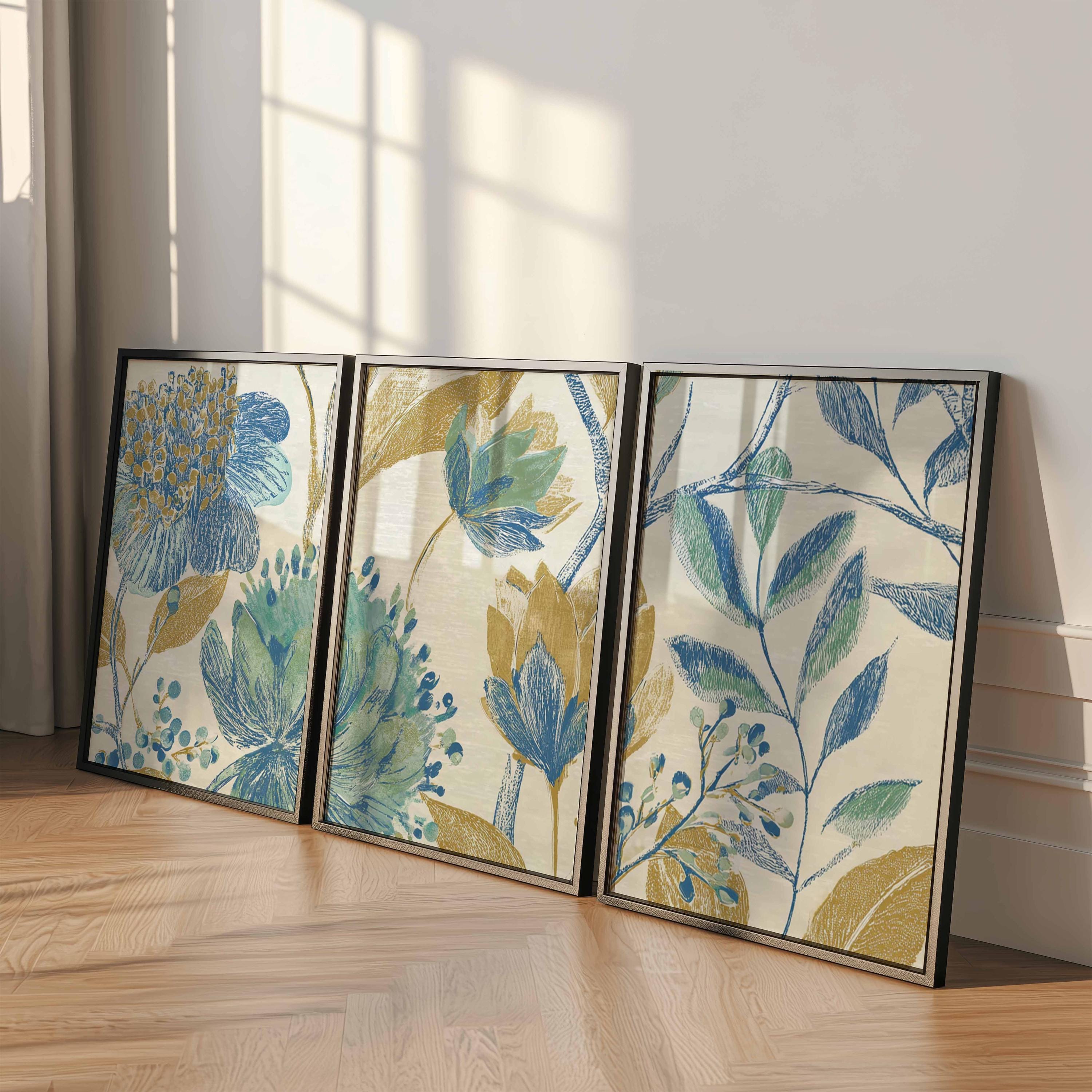 Blue and Gold Floral Prints, Botanical Wall Art Set of 3 - Etsy