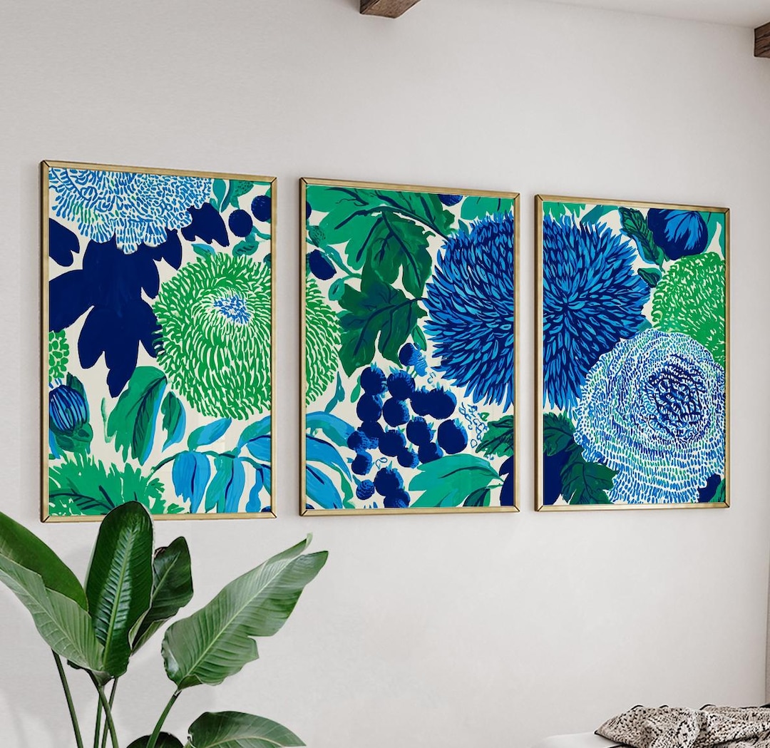 Blue Green Botanical Wall Art Set | Modern Floral Triptych Posters ...