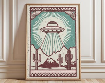 Lámina artística retro con temática de ovnis en el desierto, decoración del suroeste de mediados de siglo.
