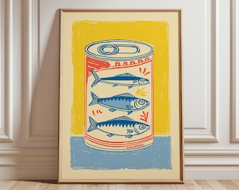 Sardine Tin Art Print, Retro Kitchen, Coastal Home Decor