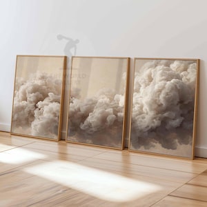 Beige Clouds Bedroom Wall Art Set of 3 Prints, White Clouds Beige Sky Posters, Vintage Home Decor, Set of 3 Large Poster Art, Bedroom Decor