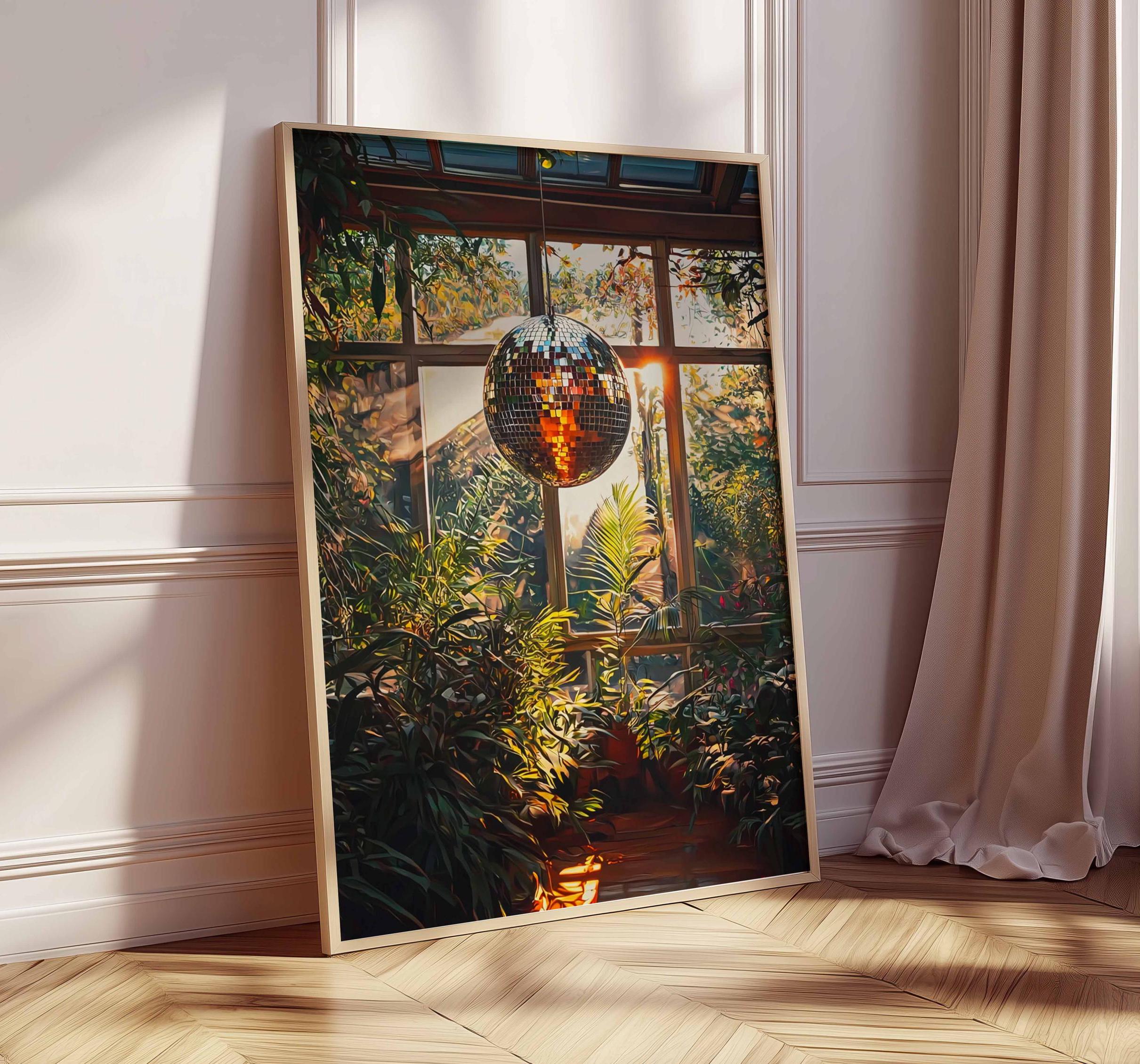 1970's Interior Disco Ball Greenhouse Art Print, Tropical Decor, Disco Ball Print, 70s Style Aesthetic, Retro Funky Houseplant  Poster