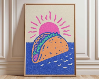 Taco Pop Art Print, Retro Kitchen Decor, Colorful Mexican Food