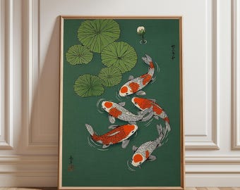 Poster Japanischer Koi im Holzschnitt Stil, in Grün und Orange