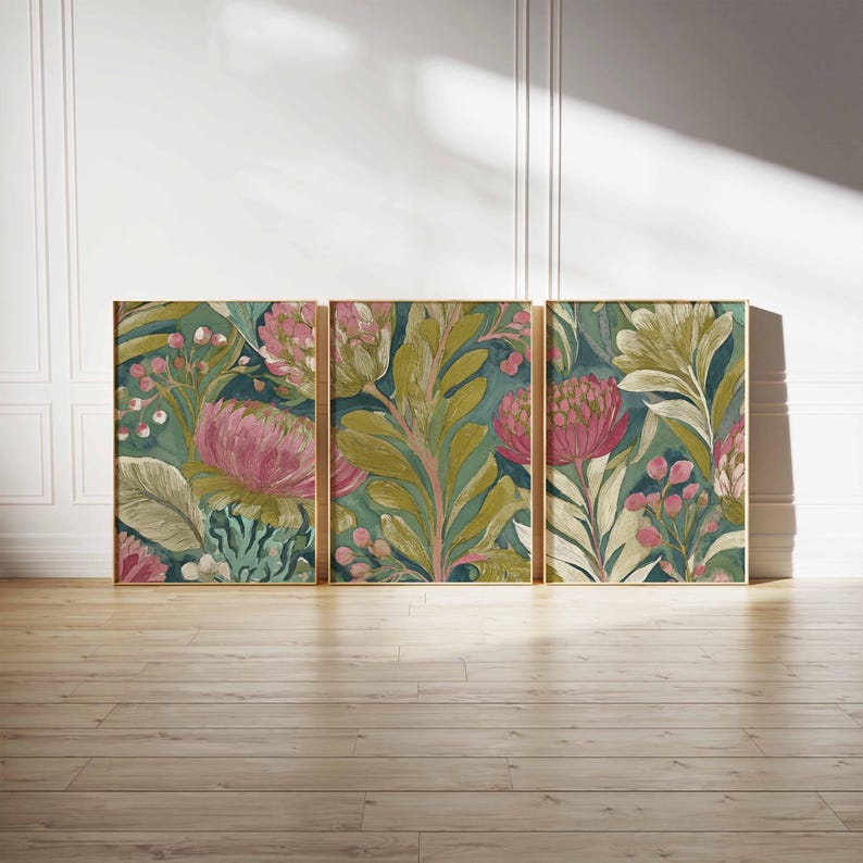 Botanical Wall Art Set of 3, Vintage Protea Floral Prints, Green and ...