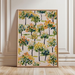 Obstgarten Muster Poster, Obstbaum Landschaft, Aquarell Botanische Wandkunst