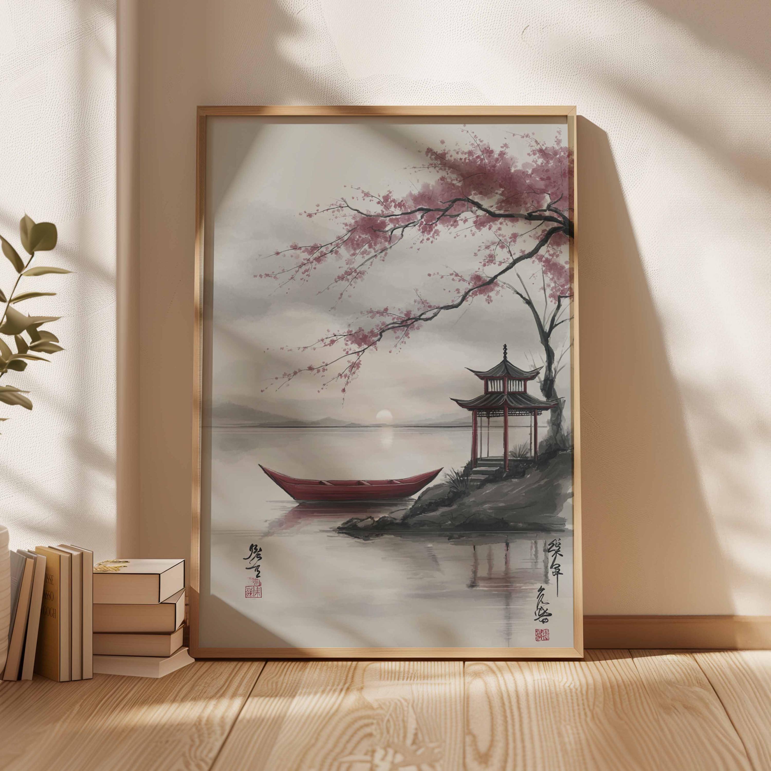 Japanese Cherry Blossom Pagoda Poster, Oriental Landscape Wall Art