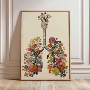 Anatomische longen kunst aan de muur, poster botanische anatomie, vintage medische print, longen met bloemen artwork, unieke natuur Home Decor
