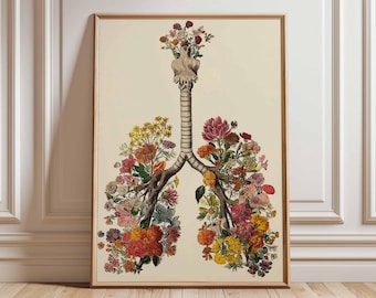 Arte mural anatómico de pulmones, póster de anatomía botánica, impresión médica vintage, ilustraciones de pulmones con flores, decoración natural única para el hogar.