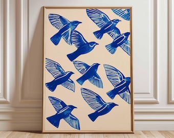 Seagull Wall Art Print, Blue Coastal Bird Illustration, Nautical Decor
