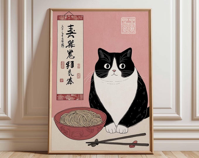 Cat Ramen Poster Japanese Wall Art, Cute Noodle Bowl Print with Tuxedo Cat, Pink Kitchen Decor, Funny Cat Illustration for Food Lovers