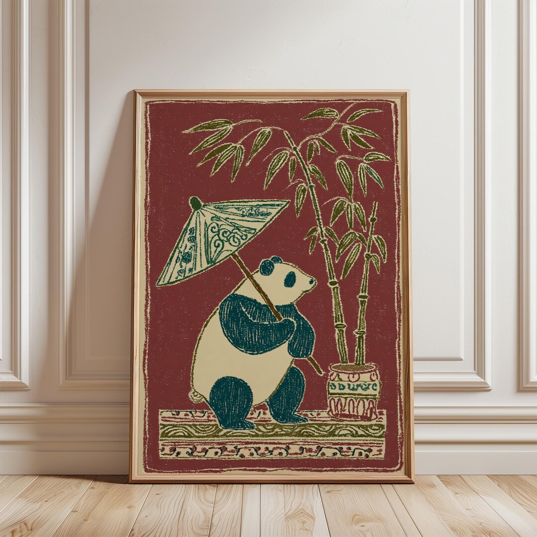 Panda Poster | Red Background Asian Folk Art | Bamboo Panda Scene - Etsy