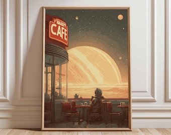 Retro Sci-Fi Poster, 70s Surreal Cosmic Decor, Futuristic Space Poster, Vintage Landscape Print, Space Artwork for Bedroom, Living Room
